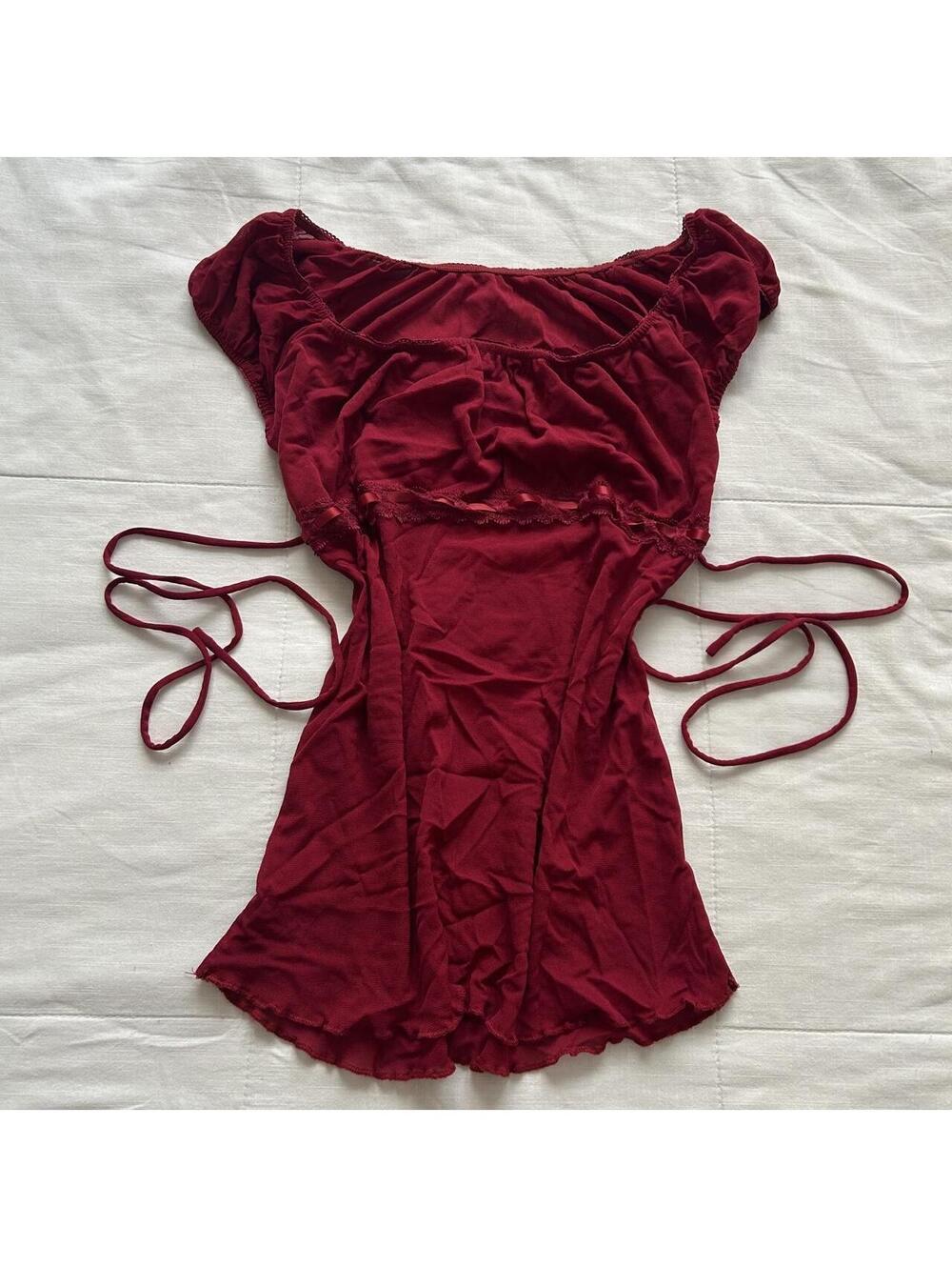 Burgundy Red Mesh Top Lace Trim Ribbon Bows Cap Sleeve Y2K Small